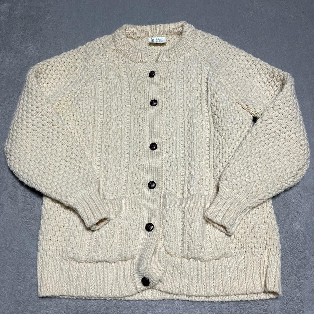 Vintage‎ Lisheen Irish Wool Sweater Adult Medium Chunky Cable Knit Button Front